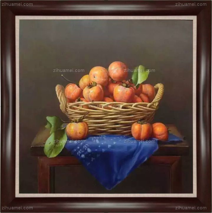 静物油画 中式油画 柿子 竹篮 事事如意