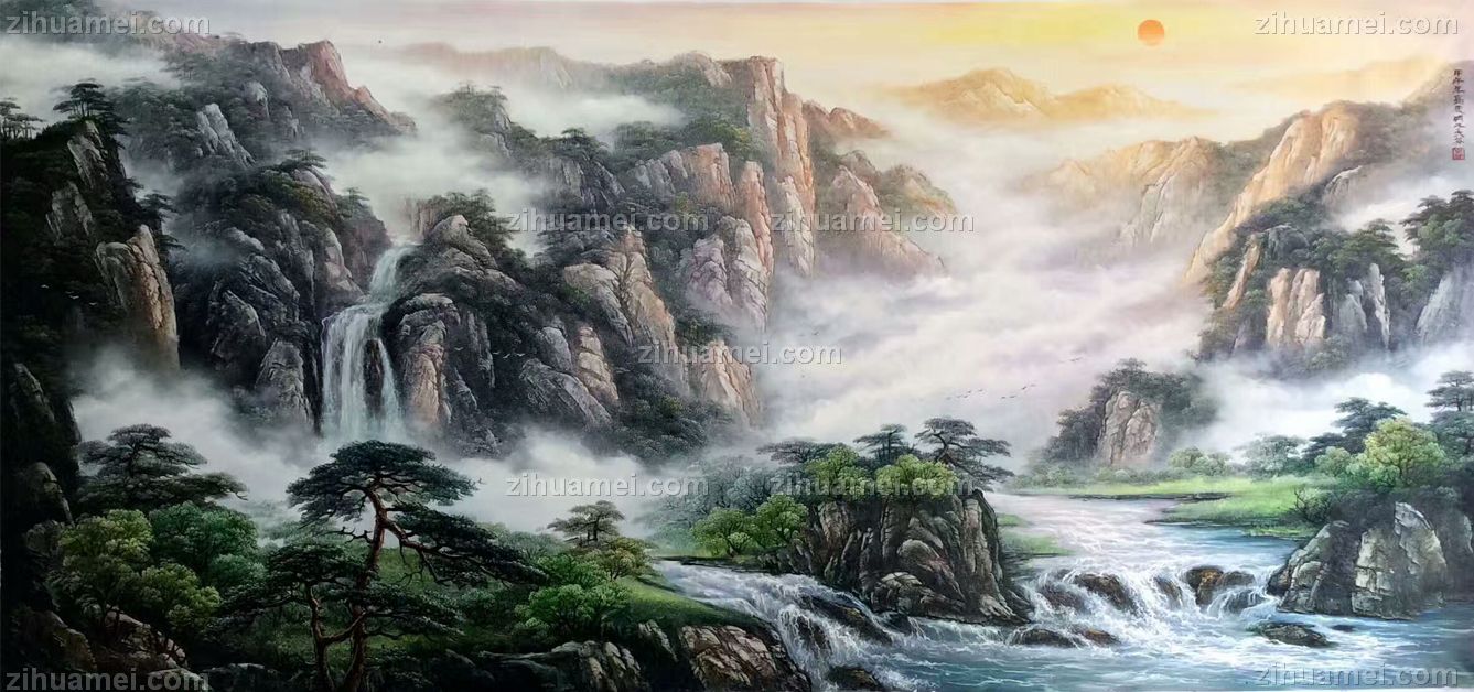 刀画 山水油画 聚宝盆