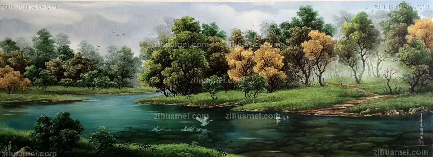 刀画 山水油画 森林 水流 天鹅