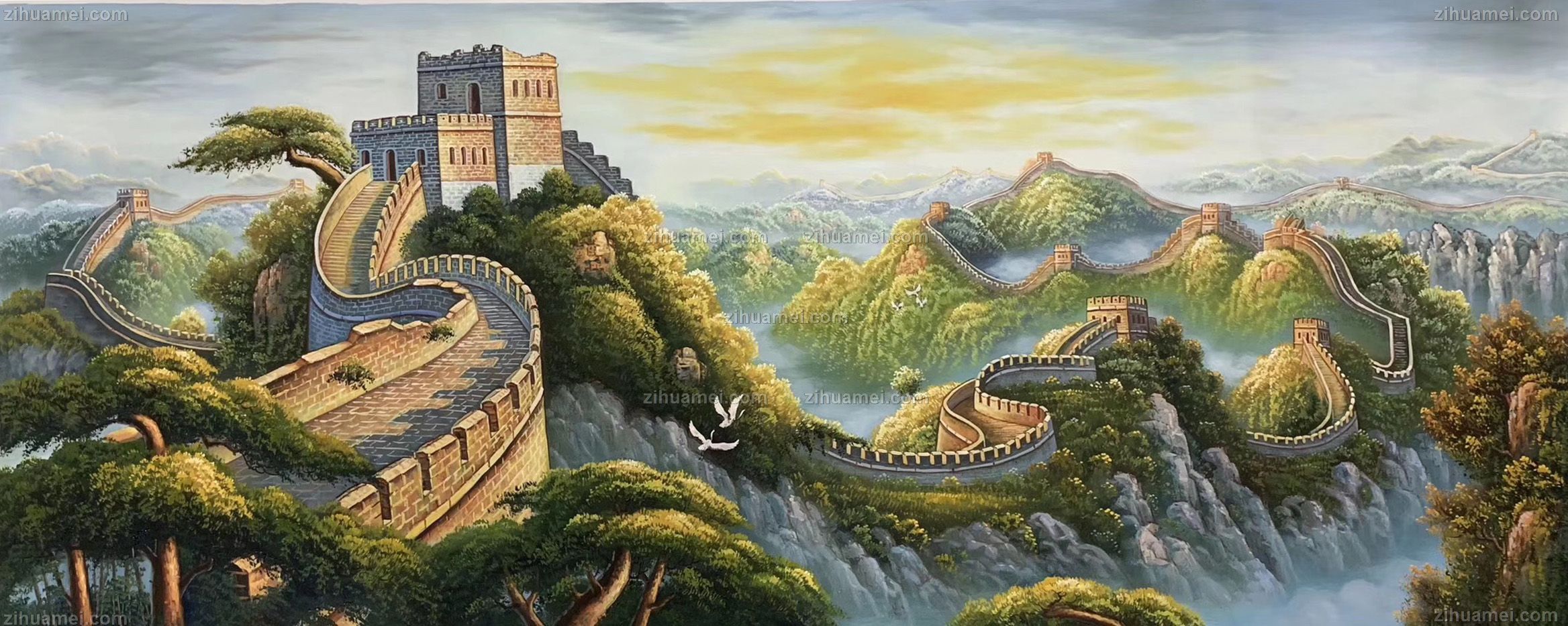 手绘山水风景 万里长城