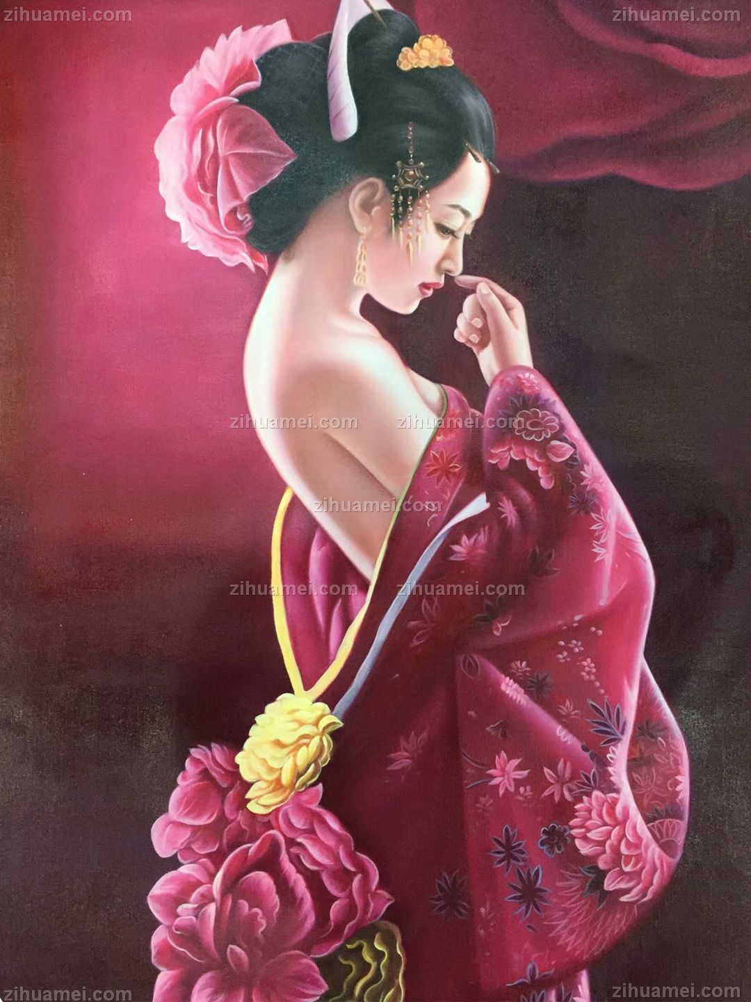 手绘油画大红衣美女