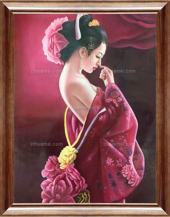 手绘油画大红衣美女