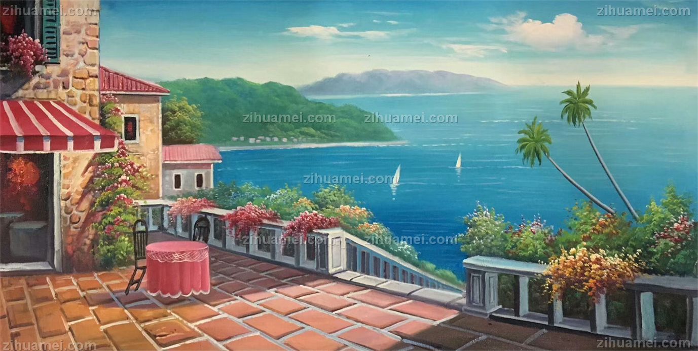 纯手绘欧式地中海风景油画