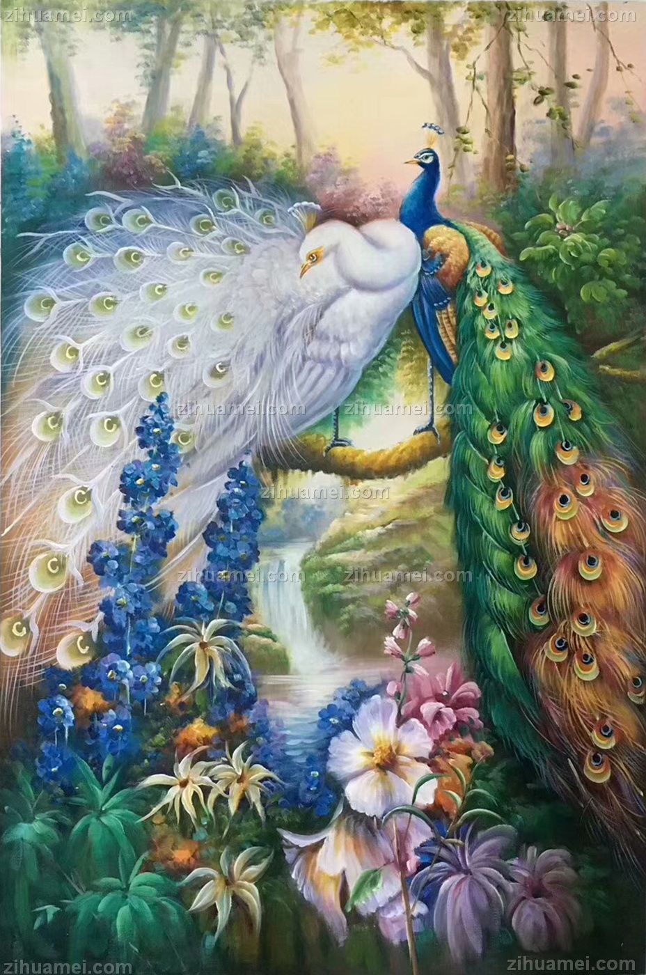 手绘油画吉祥孔雀