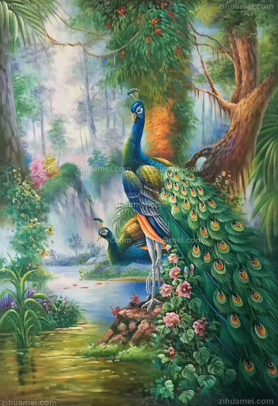 手绘油画吉祥孔雀