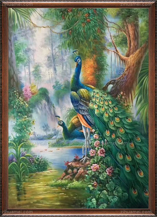 手绘油画吉祥孔雀