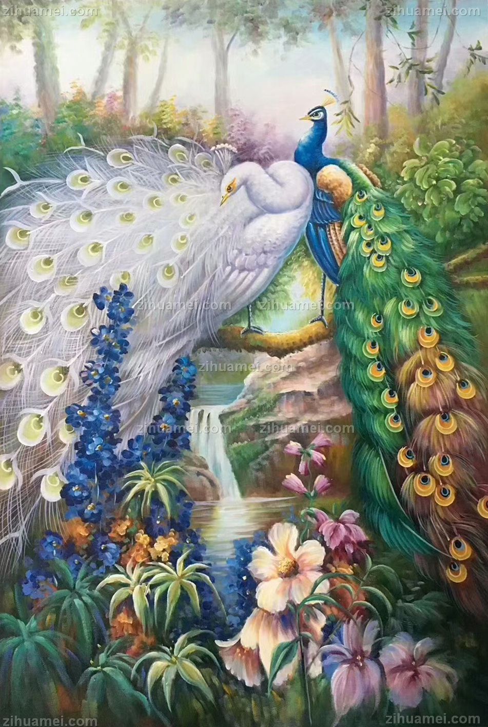 手绘油画吉祥孔雀