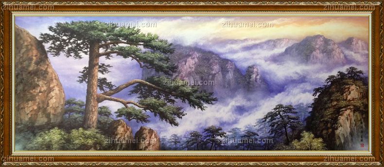 手绘油画 山水油画 高山迎客松