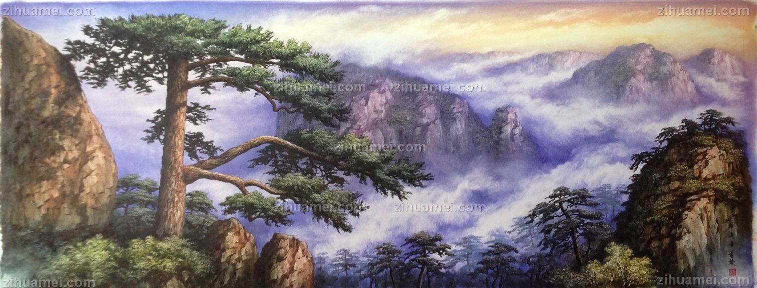 手绘油画 山水油画 高山迎客松