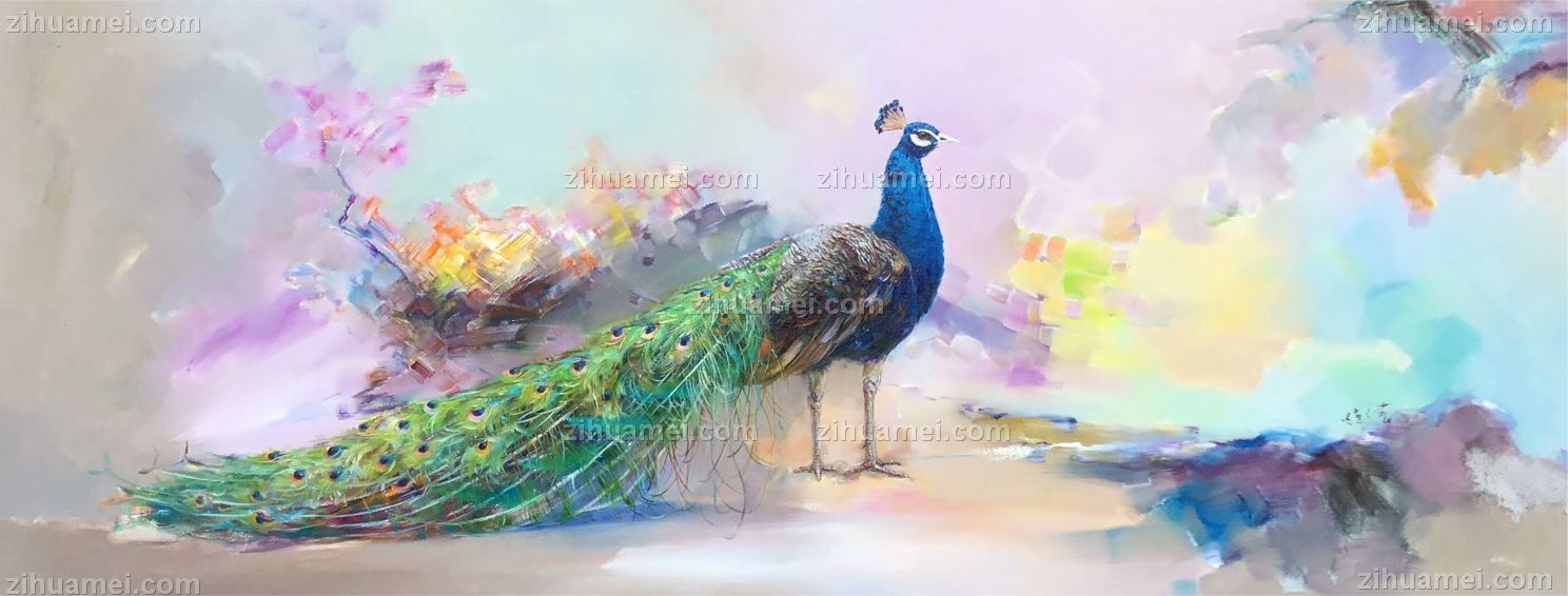 高档绿孔雀油画