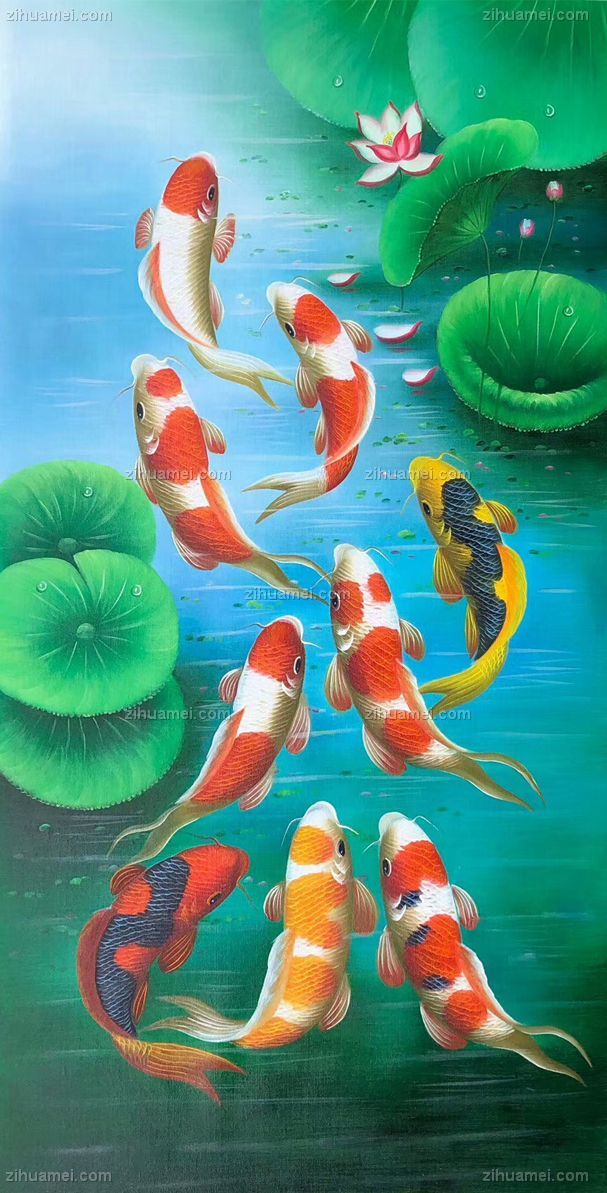 纯手绘手工九鱼图荷花和谐美满团团圆圆中式油画家庭挂画客厅挂画九鱼图 字画美