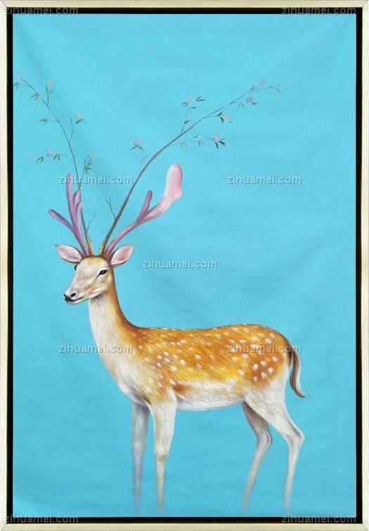 手绘油画 回头鹿
