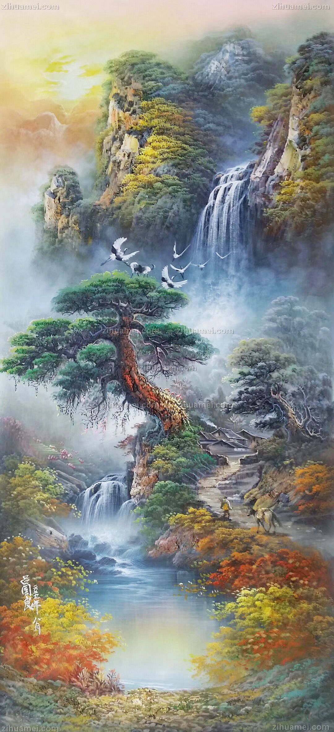 风水风景画手绘油画