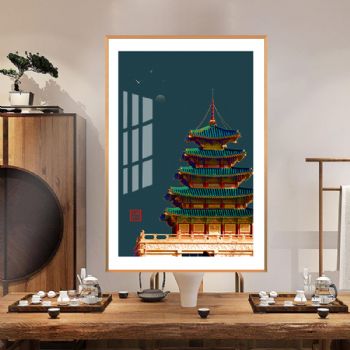 High grade light luxury Chinese classical tower Crystal porcelain decorative painting aluminum alloy frame porch corridor hanging painting