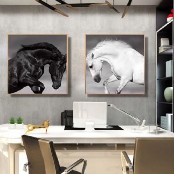 Office high-grade Hermes black-and-white double horses light luxury crystal porcelain painting decorative painting corridor hanging painting