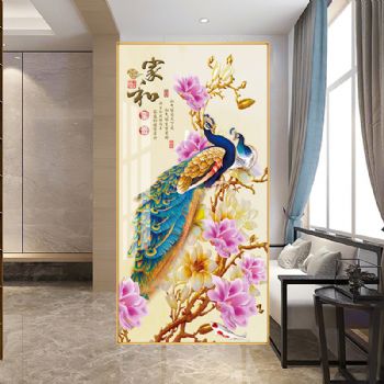 高档新中式孔雀牡丹富贵装饰画轻奢晶瓷画家和万事兴装饰画铝合金框