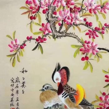 和和美美中央美院凌雪老师四尺斗方花鸟国画鸳鸯图纯手绘工笔国画实木画框鸳鸯工笔国画纯手绘 字画美