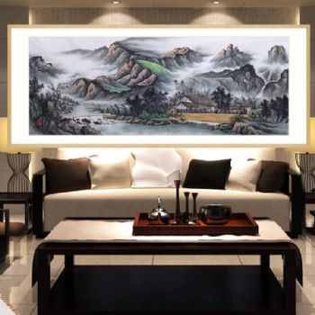 新中式精品小六尺手绘国画工笔山水画写实风景画笔触细腻原木画框