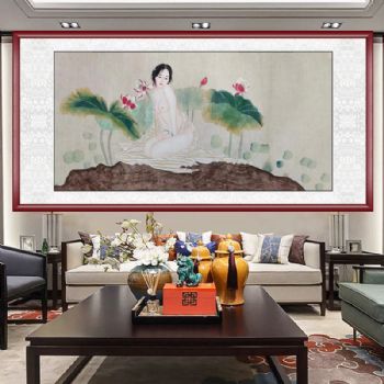 荷花美女图人体艺术手绘人物国画四尺工笔人物美女图裸体人物画