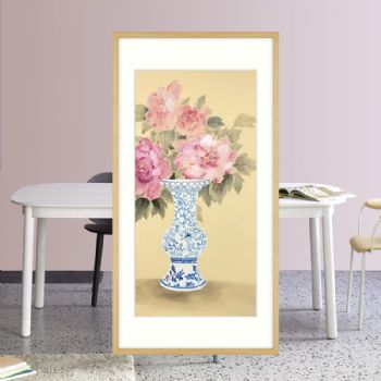 花瓶牡丹青花瓷精品四尺四开水墨花鸟画纯手绘花瓶风景画原木画框