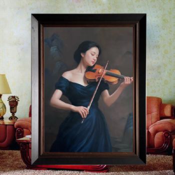 人体油画作品纯手绘人物油画拉小提琴的美女油画作品