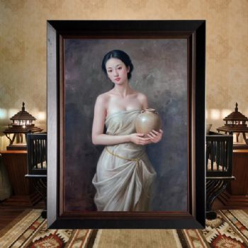 油画人体美女人体艺术油画手绘写实抱着罐子的女人