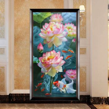 和和美美年年有余莲花锦鲤纯手绘工笔油画玄关挂画实木外框