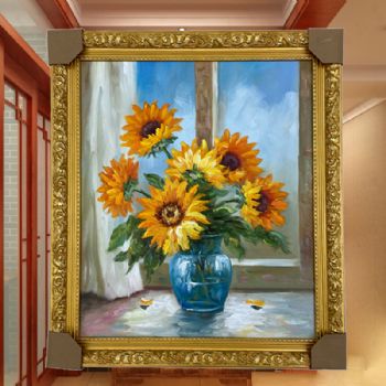窗台边上的花瓶花卉油画纯手绘油画现货现发金色实木外框