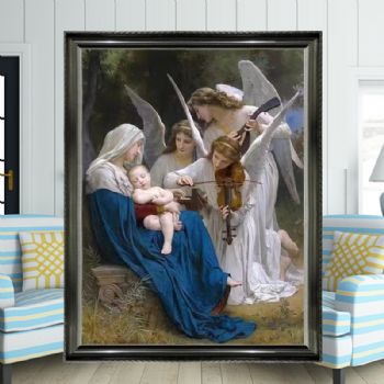 Pure hand drawn realistic classical European figure oil painting, European boutique angel violin, living room oil painting, solid wood frame