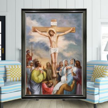 European classical figure oil painting, Christian figure, Jesus on the cross, solid wood frame