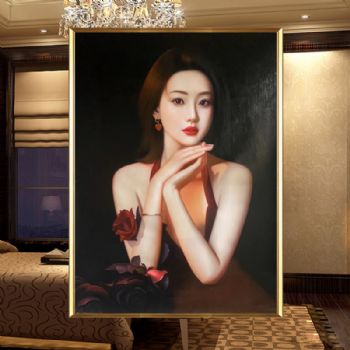 Chinese style realistic oil painting, pure hand drawn, beautiful women&amp;amp;amp;amp;amp;amp;amp;#39;s bodies, oil painting art, solid wood frame