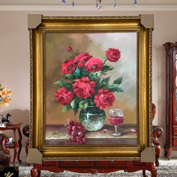 欧式风格花卉油纯手绘精品油画实木外框现货现发葡萄花瓶与酒杯