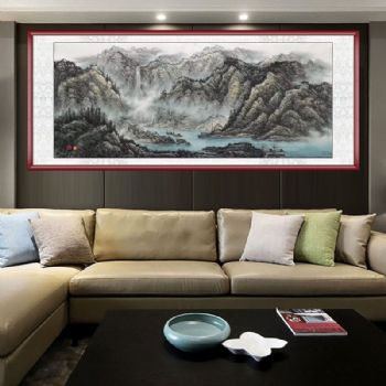 风水聚宝盆国画纯手绘精品淡彩小八尺手绘作品可落款山水客厅风景国画