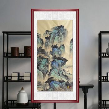 玄关聚宝盆山水国画精品四尺彩墨风景国画实木外框