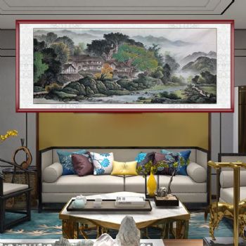 工笔水墨中式风景国画小八尺山水风景国画水墨画实木外框