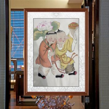 福娃戏莲多子多福图四尺三开人物人物国画纯手绘工笔人物画实木外框