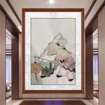 福娃戏灯笼图四尺三开人物人物国画纯手绘工笔人物画实木外框