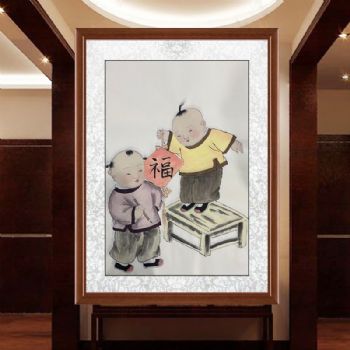 福娃写福字图四尺三开人物人物国画纯手绘工笔人物画实木外框