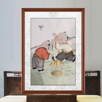 福娃戏雀图四尺三开人物人物国画纯手绘工笔人物画实木外框