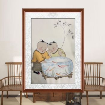 福娃赏鱼图年年有余四尺三开人物人物国画纯手绘工笔人物画实木外框