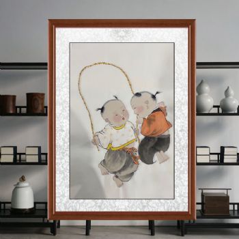 福娃跳绳玩耍图四尺三开人物人物国画纯手绘工笔人物画实木外框