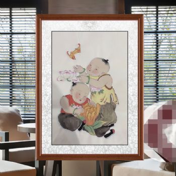 福娃戏蝠图四尺三开人物人物国画纯手绘工笔人物画实木外框