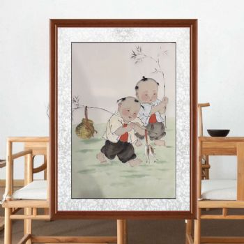 福娃捕鱼回图四尺三开人物人物国画纯手绘工笔人物画实木外框