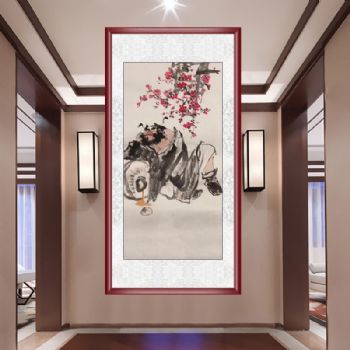 钟馗醉在花朵下人物国画纯手绘水墨国画客厅玄关中式人物画