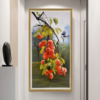 柿柿如意喜上枝头写实静物油画手绘柿子图实木外框