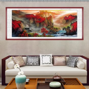 江山一片红好运当头精品小八尺彩墨山水风景国画客厅大厅纯手绘国画