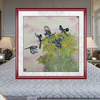 喜鹊稻谷成熟了精品国画花鸟国画手绘水墨国画餐厅客厅挂画四尺斗方