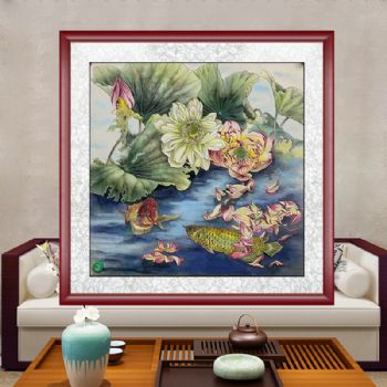 龙鱼荷花图精品国画花鸟国画手绘水墨国画餐厅客厅挂画四尺斗方