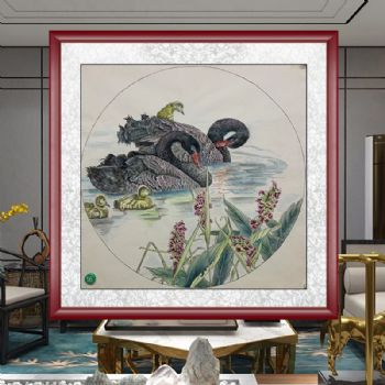 写实工笔黑天鹅一家亲图精品国画花鸟国画手绘水墨国画餐厅客厅挂画四尺斗方