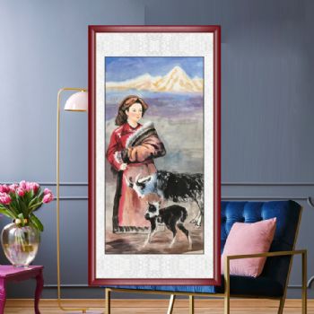 牧羊女人物国画纯手绘美女仕女国画客厅酒店国画实木外框